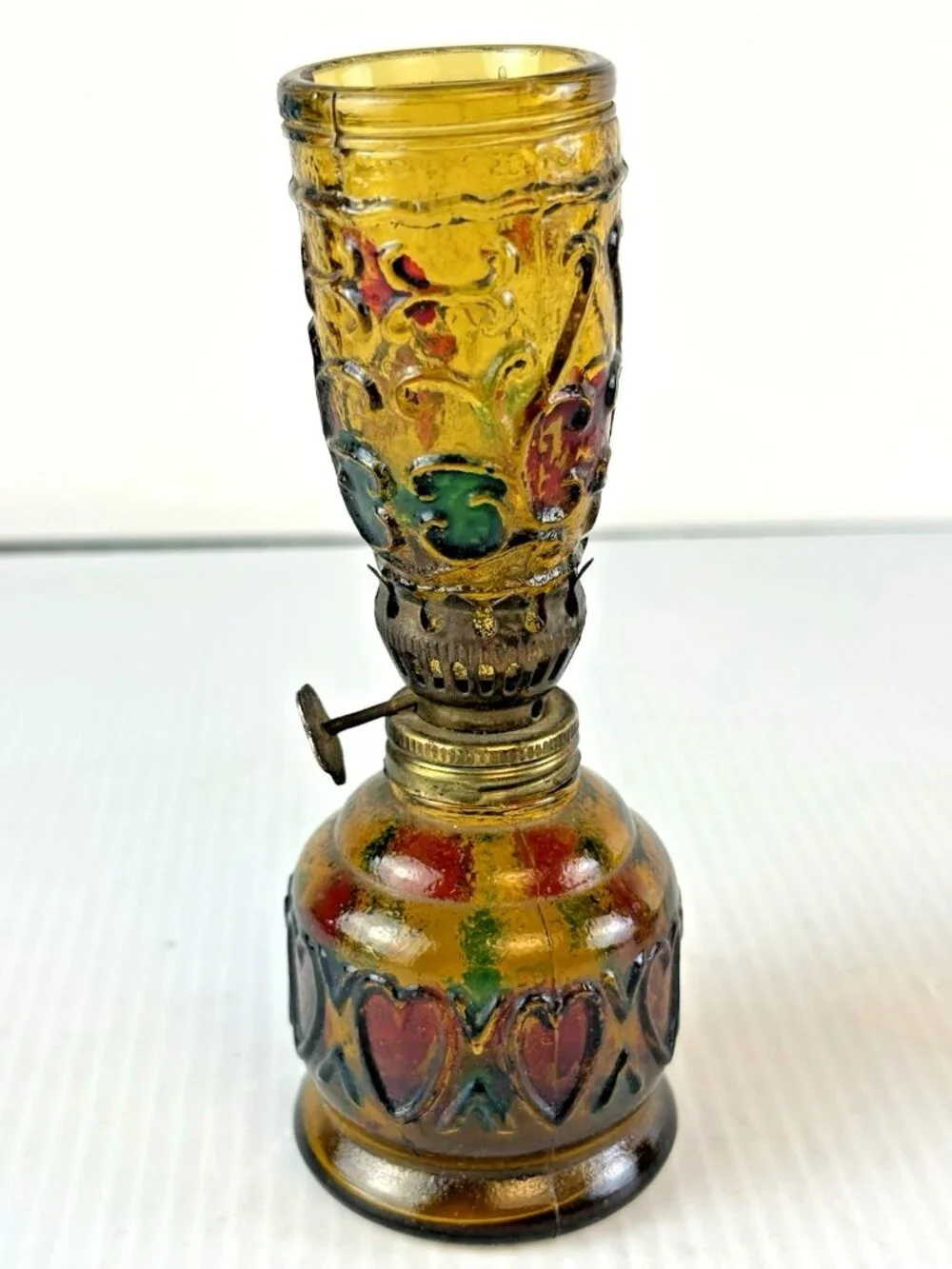 2 Vtg Multi Color Heart Stained Glass Style Oil Lamps Hong Kong 5.25